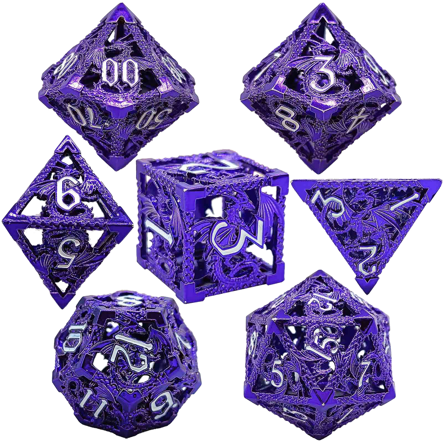 Purple Majesty Wyrm Hollow Metal DND Dice Set - Purple