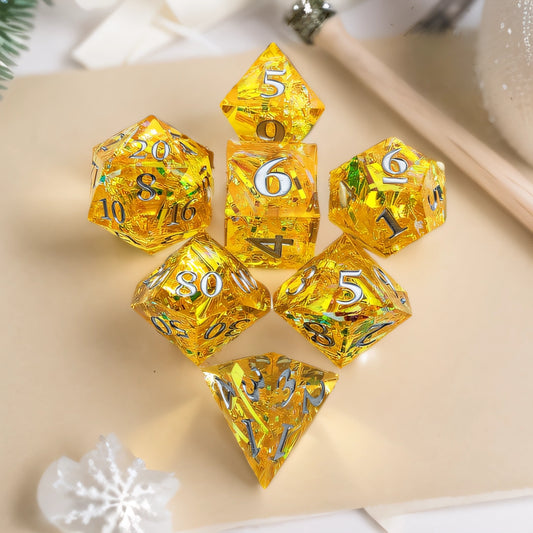 Aurora Ribbon Amber Clarity Sharp Edged Resin Dice Set - Amber Transparent