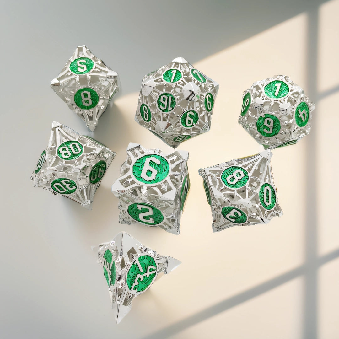 Emerald Talon Arrow Hollow Metal DND Dice Set - Silver Green