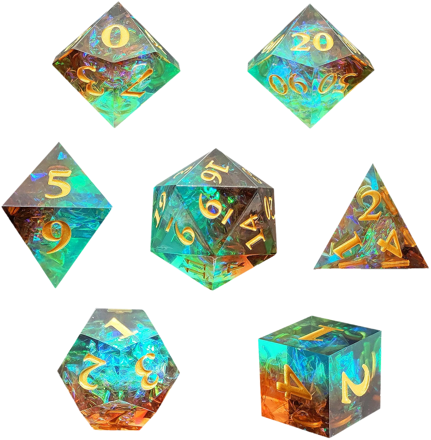 Verdant Depths Sharp Edged Resin Dice Set - Bronze Transparent