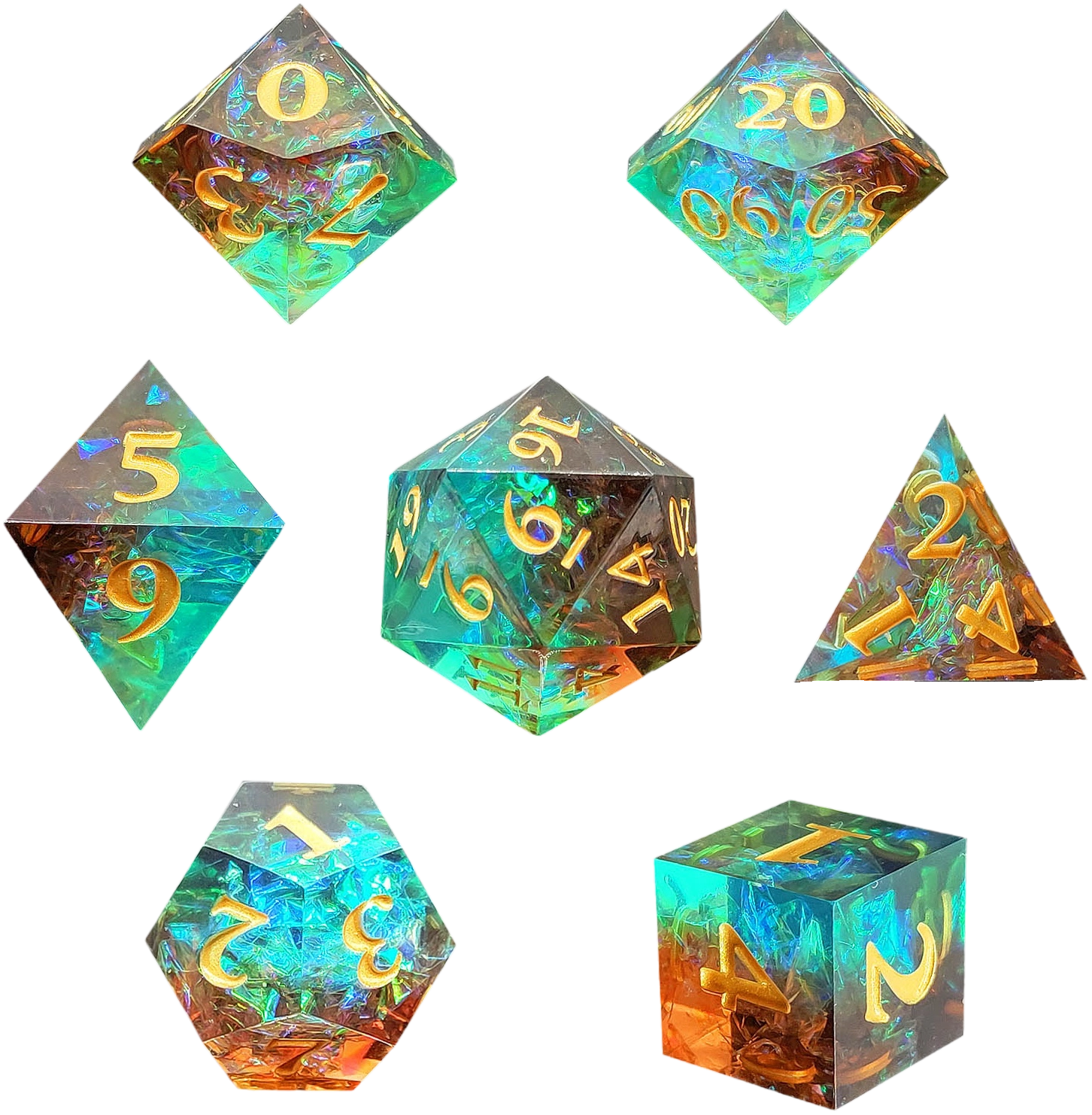 Verdant Depths Sharp Edged Resin Dice Set - Bronze Transparent