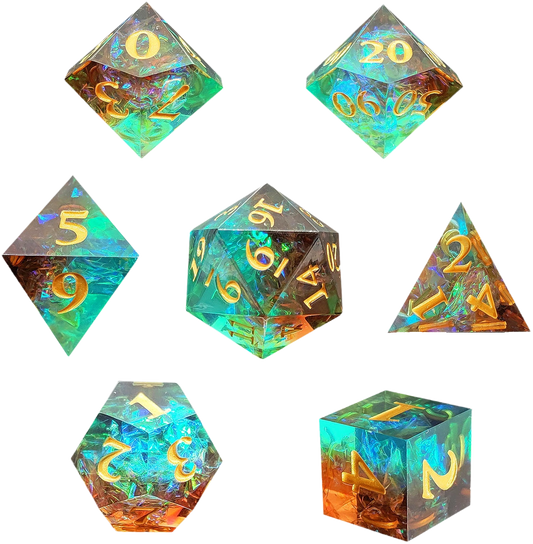 Verdant Depths Sharp Edged Resin Dice Set - Bronze Transparent