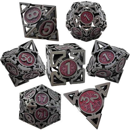 Shadow Inferno Dragon's Mark Arrow Hollow Metal DND Dice Set - Black Dark Red