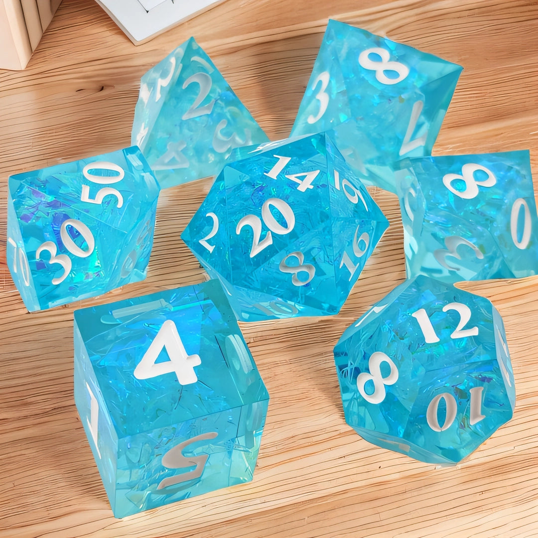 Azure Reflections Sharp Edged Resin Dice Set - Blue Transparent