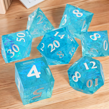 Azure Reflections Sharp Edged Resin Dice Set - Blue Transparent