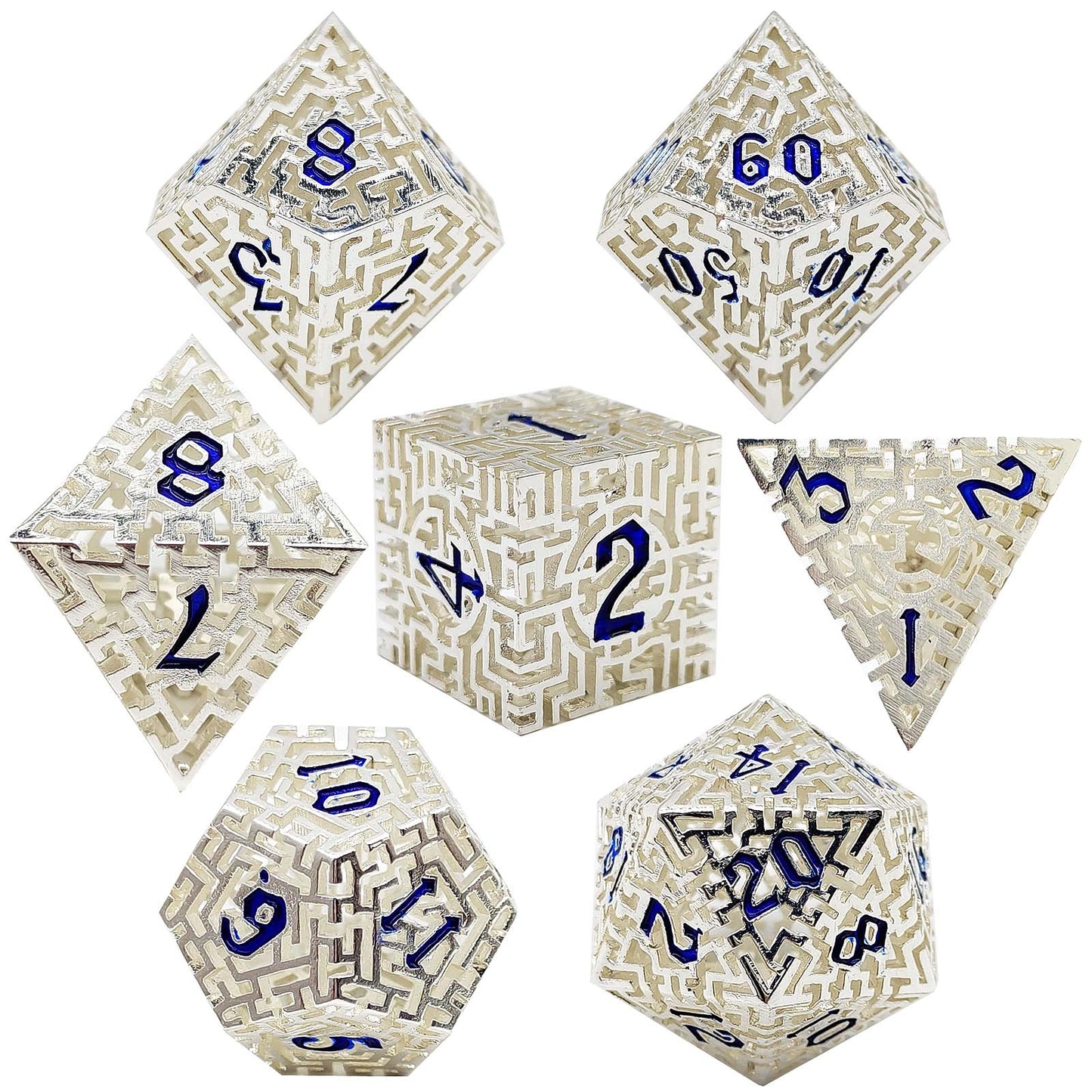 Silver Maze Hollow Metal DND Dice Set - Silver