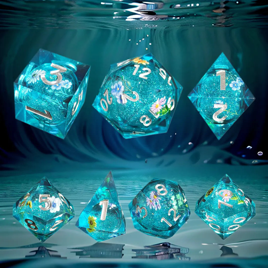 Floral Fantasy Azure Sand Sharp-Edged Resin Dice Liquid Core Dice-Flower Core Dice