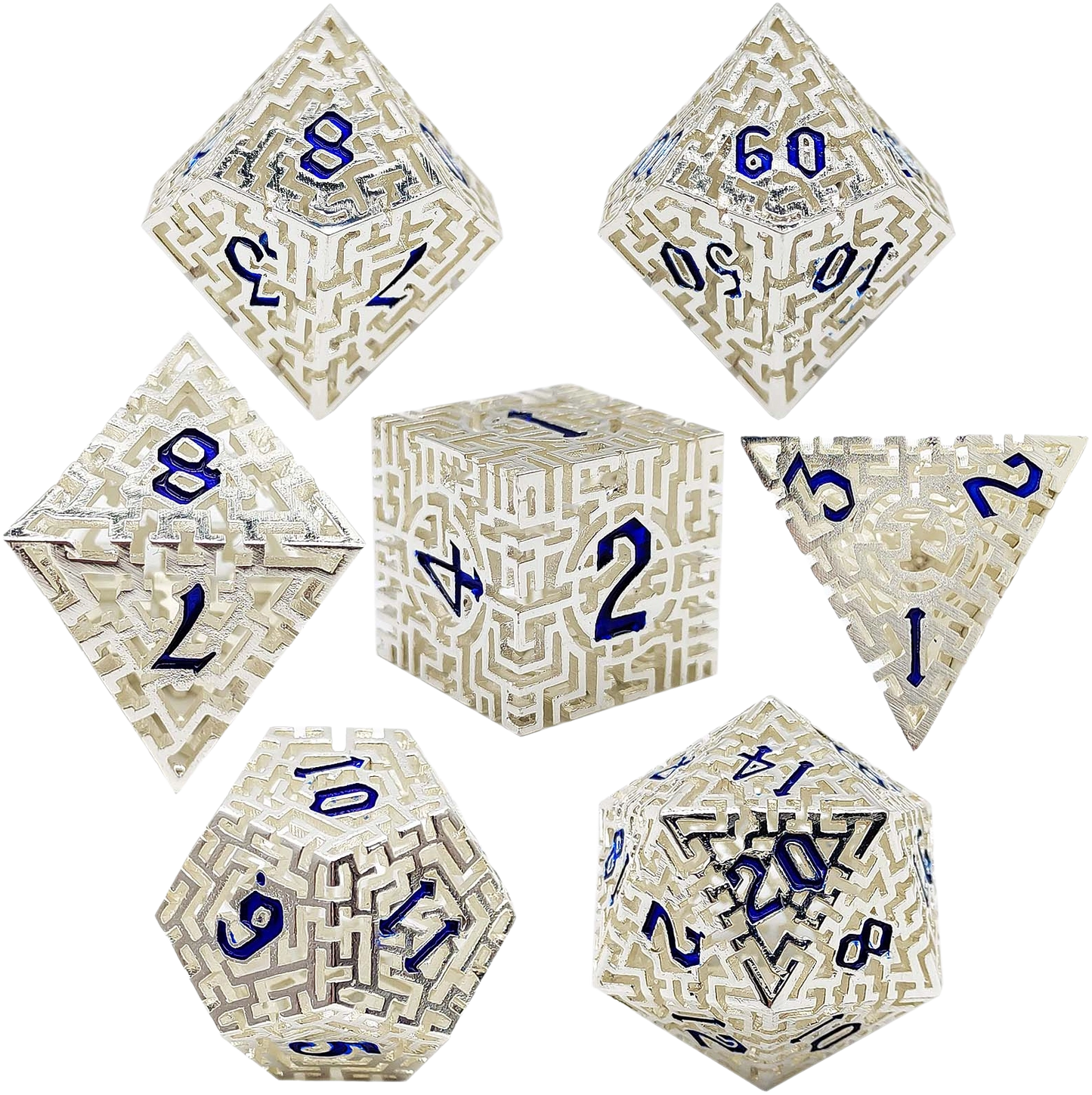 Silver Maze Hollow Metal DND Dice Set - Silver