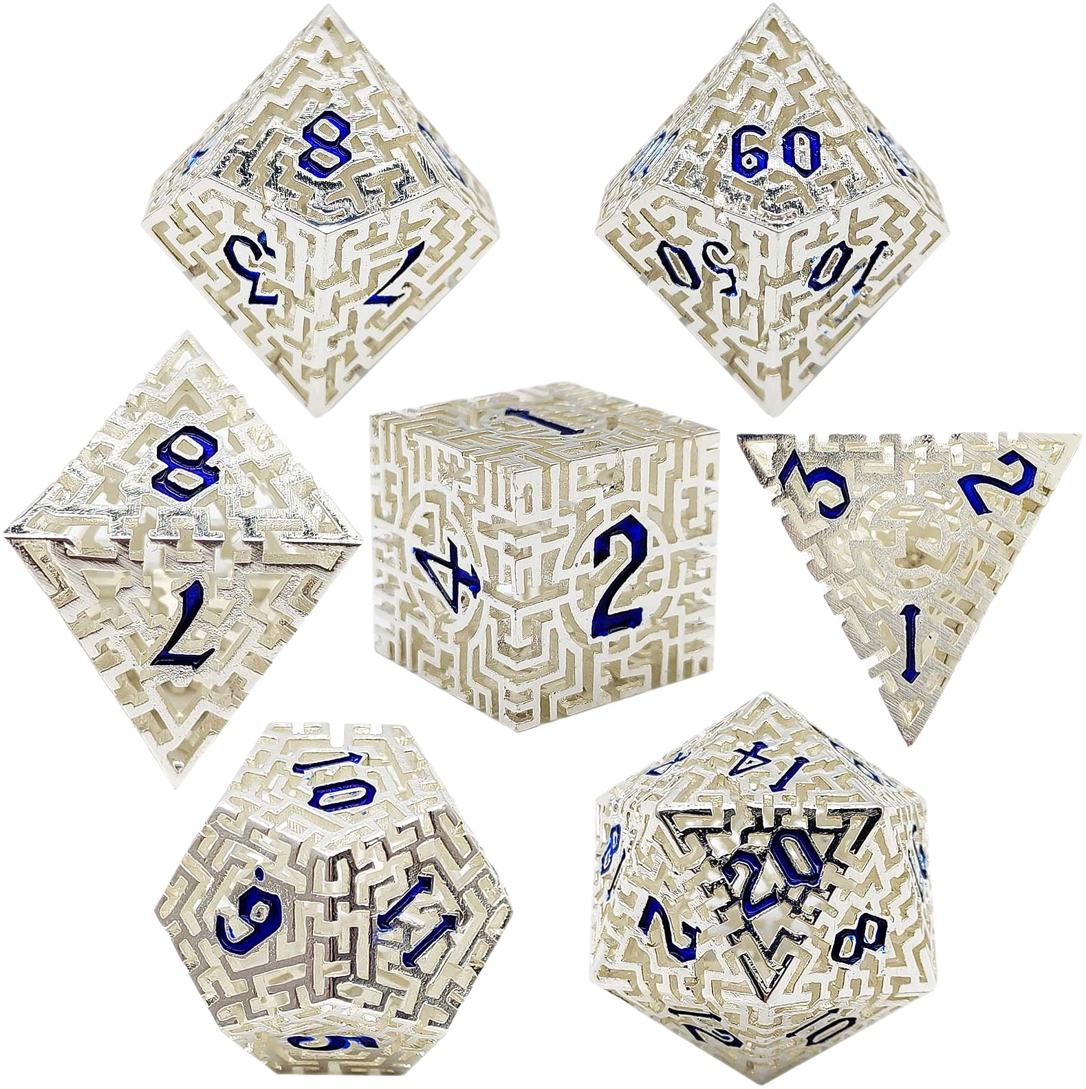 Silver Maze Hollow Metal DND Dice Set - Silver