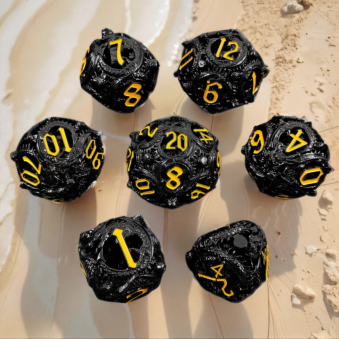 The Draconic Orbis Rounded Edge Dragon Dice Hollow Metal DND Dice Set Smooth Edged Dice Elven Dice - Black