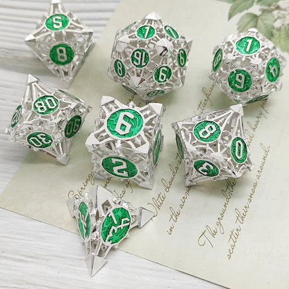 Emerald Talon Arrow Hollow Metal DND Dice Set - Silver Green