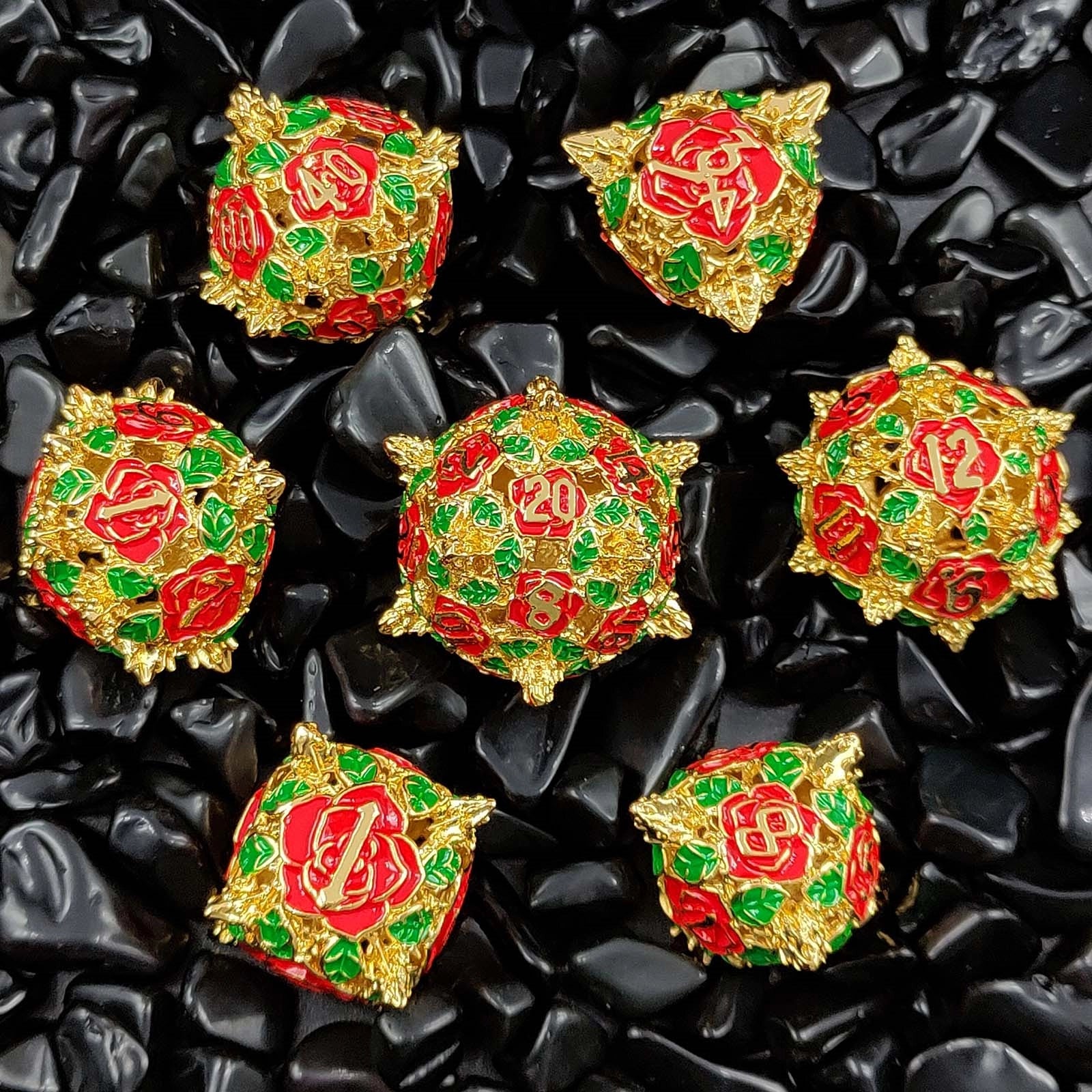 Verdant Midas Touch Rounded Edge Dragon Dice Hollow Metal DND Dice Set Smooth Edged Dice Elven Dice - Golden Red Green