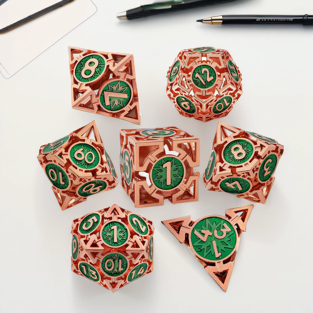 Dragon's Ember Arrow Hollow Metal DND Dice Set - Copper Red Green