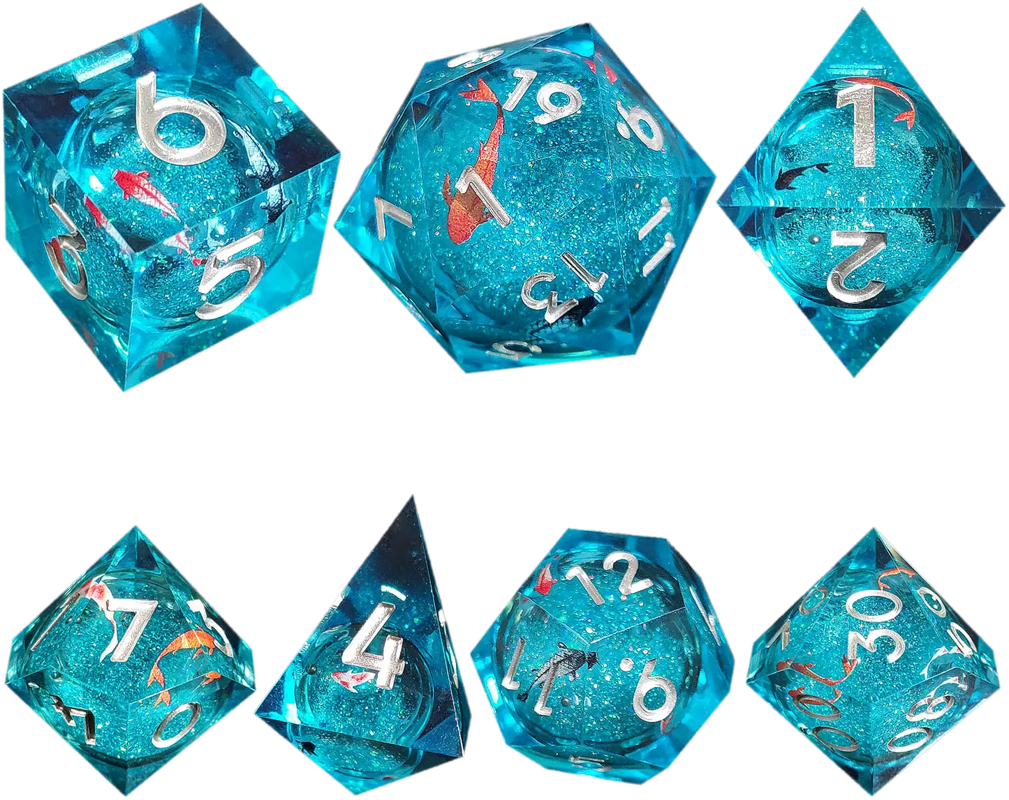 Celestial Koi Azure Sand Sharp-Edged Resin Dice Liquid Core Dice-Fish Core Dice