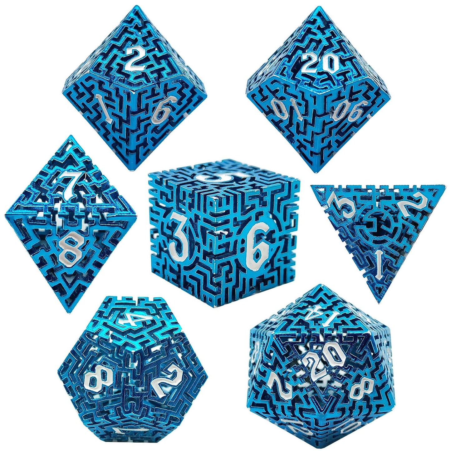 Azure Maze Forge Blue Hollow Metal DND Dice Set