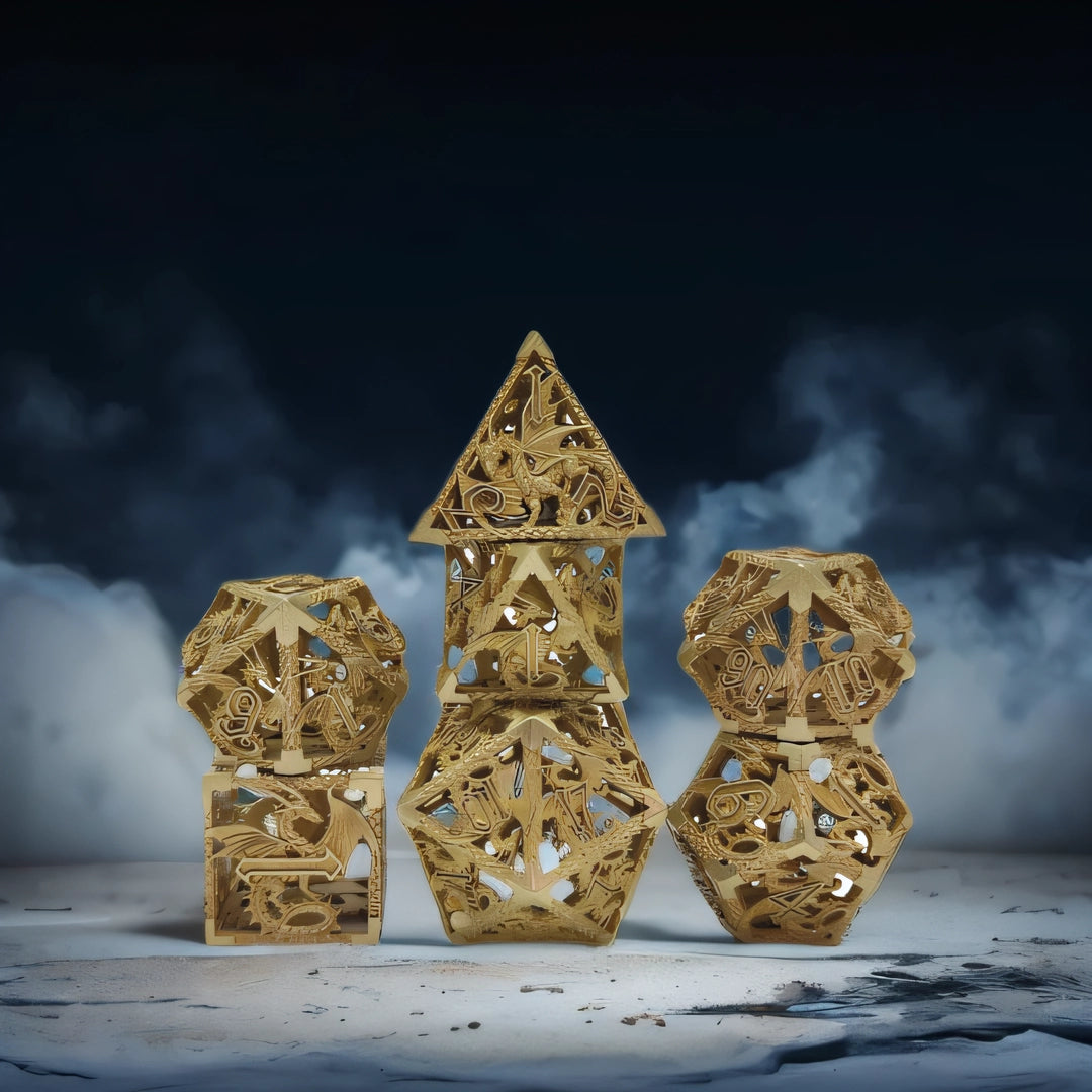 Golden Dragon Hoard Hollow Metal Dice Set - Gold