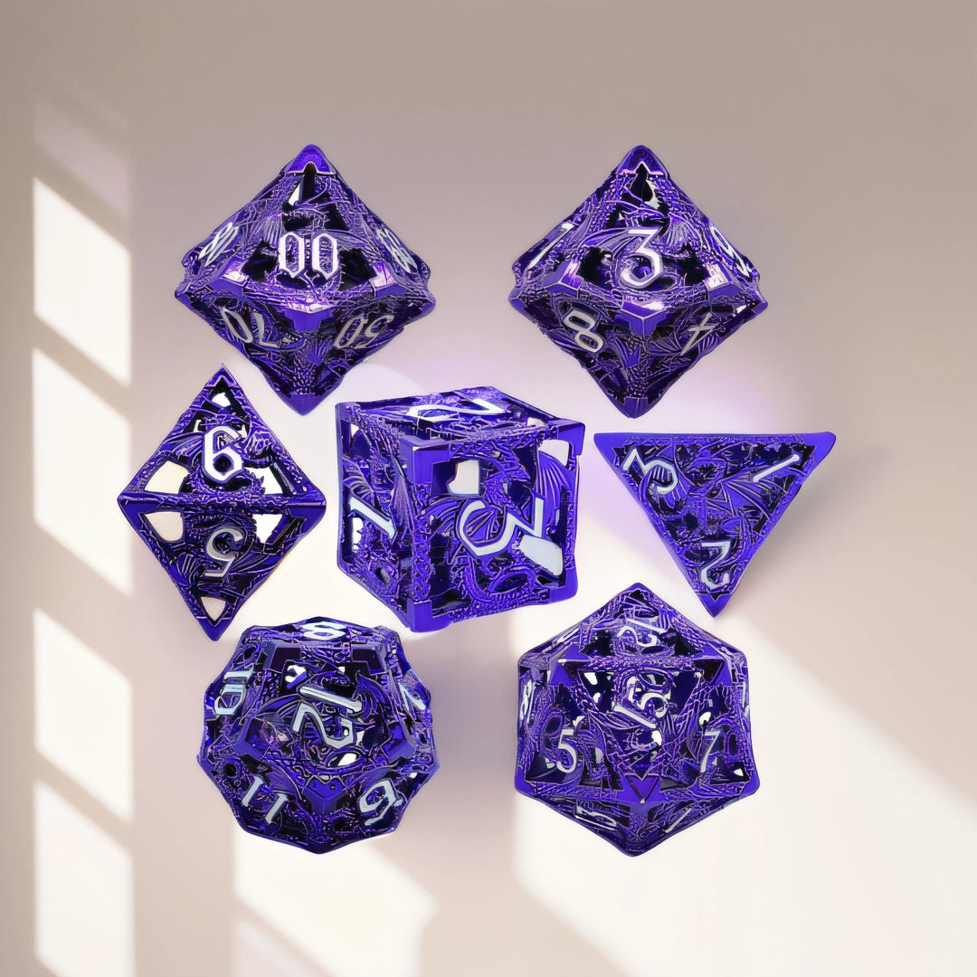 Purple Majesty Wyrm Hollow Metal DND Dice Set - Purple