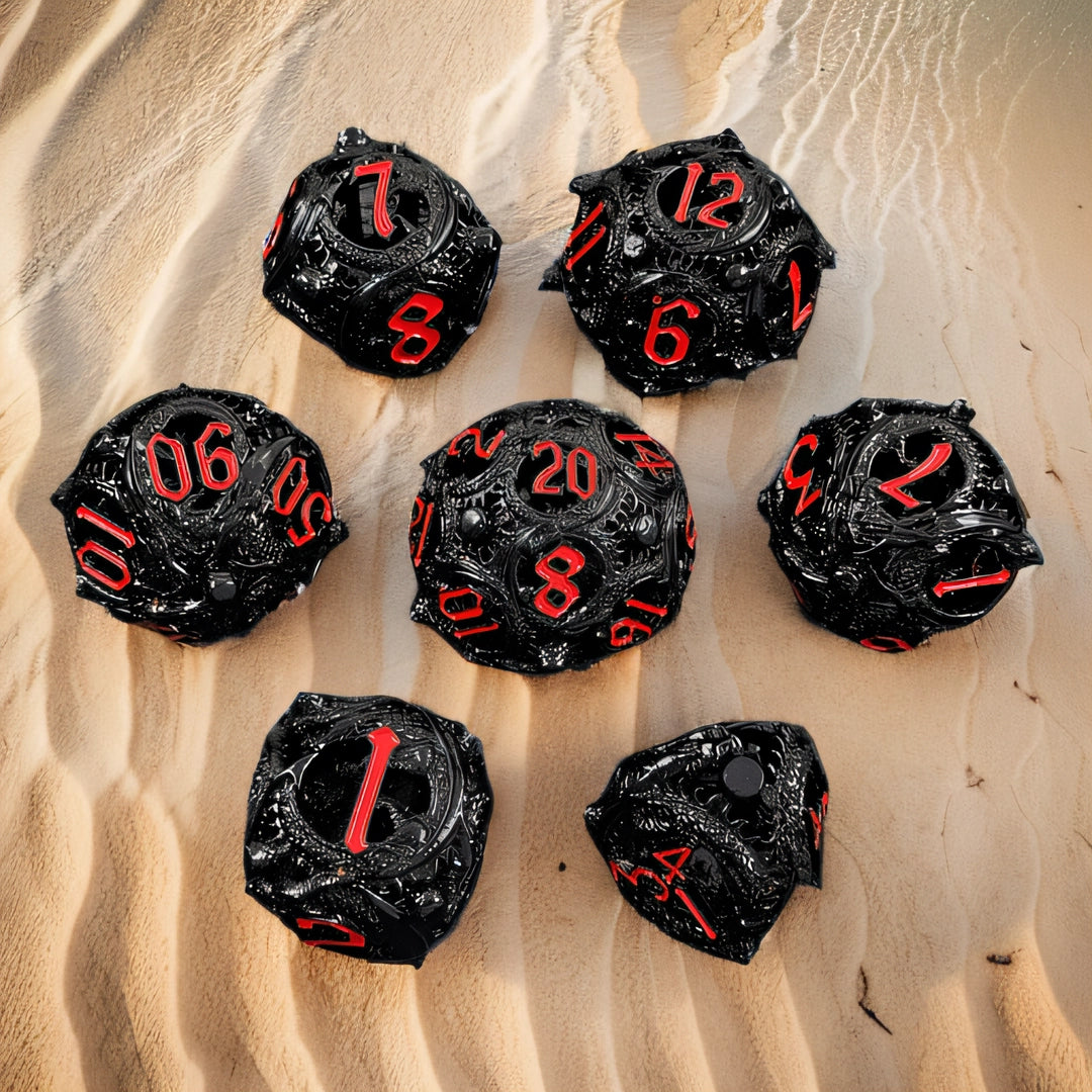 Crimson Drake Spheroids Rounded Edge Dragon Dice Hollow Metal DND Dice Set Smooth Edged Dice Elven Dice - Black