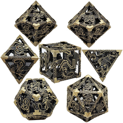 Gilded Nightshade Hollow Metal DND Dice Set - Brass Yellow Black