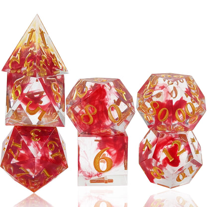 Crimson Swirl Translucence Sharp Edged Resin Dice Set - Transparent