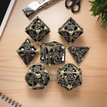 Gilded Nightshade Hollow Metal DND Dice Set - Brass Yellow Black