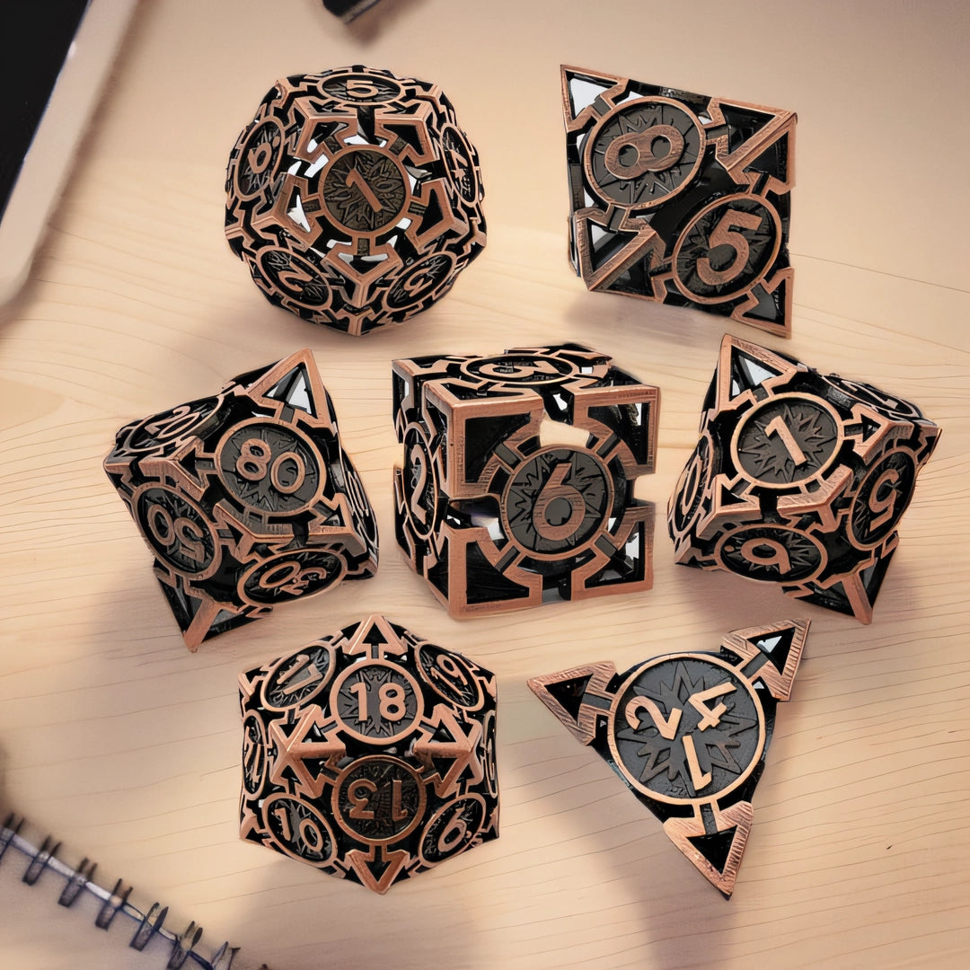 Copper Ember Wyrm Arrow Hollow Metal DND Dice Set - Bronze Black