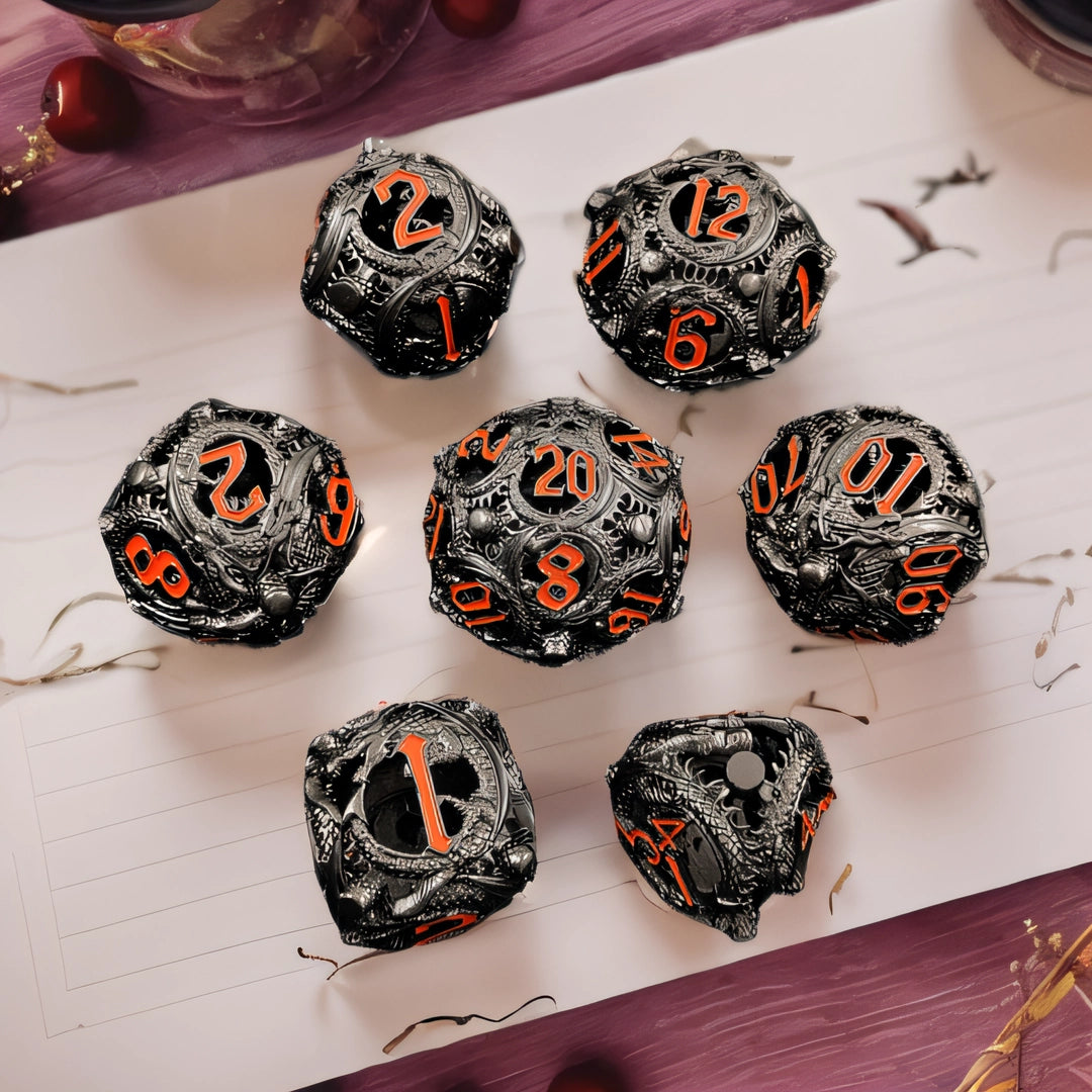 Ember Wyvern Spheroids Rounded Edge Dragon Dice Hollow Metal DND Dice Set Smooth Edged Dice Elven Dice - Black