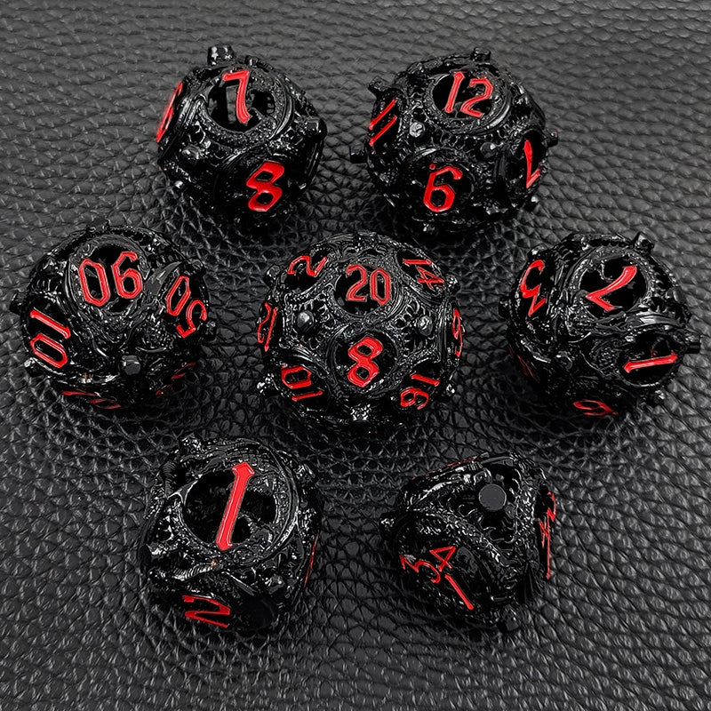 Crimson Drake Spheroids Rounded Edge Dragon Dice Hollow Metal DND Dice Set Smooth Edged Dice Elven Dice - Black