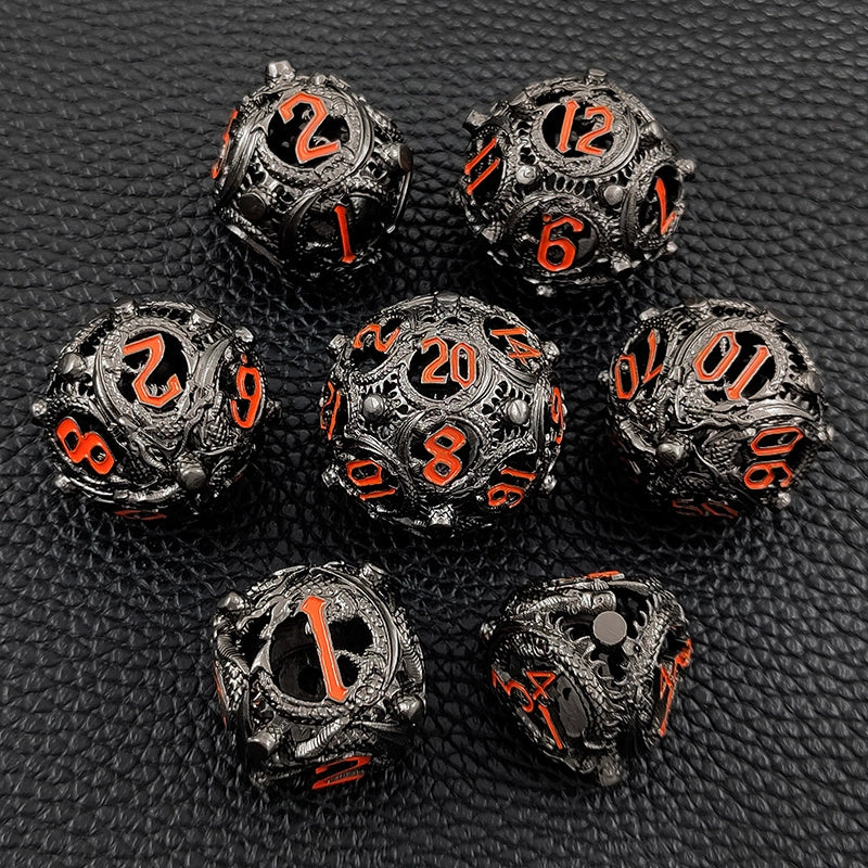 Ember Wyvern Spheroids Rounded Edge Dragon Dice Hollow Metal DND Dice Set Smooth Edged Dice Elven Dice - Black