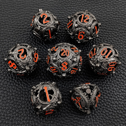 Ember Wyvern Spheroids Rounded Edge Dragon Dice Hollow Metal DND Dice Set Smooth Edged Dice Elven Dice - Black