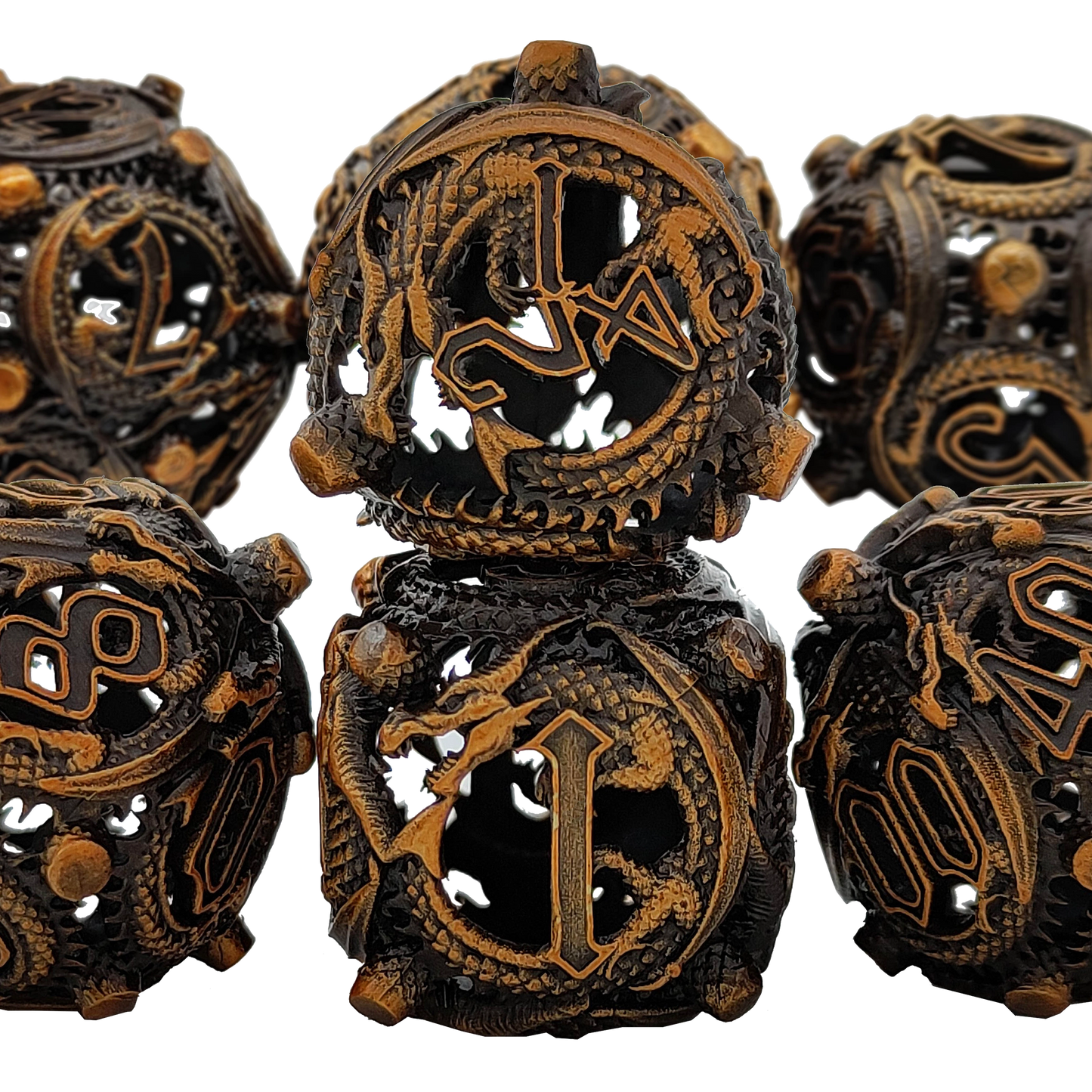 Dragon's Hoard Elven Dragon Dice Rounded Edge Dragon Dice Hollow Metal DND Dice Set Smooth Edged Dice - Bronze