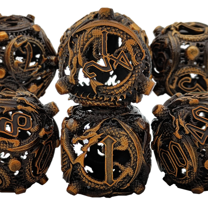 Dragon's Hoard Elven Dragon Dice Rounded Edge Dragon Dice Hollow Metal DND Dice Set Smooth Edged Dice - Bronze