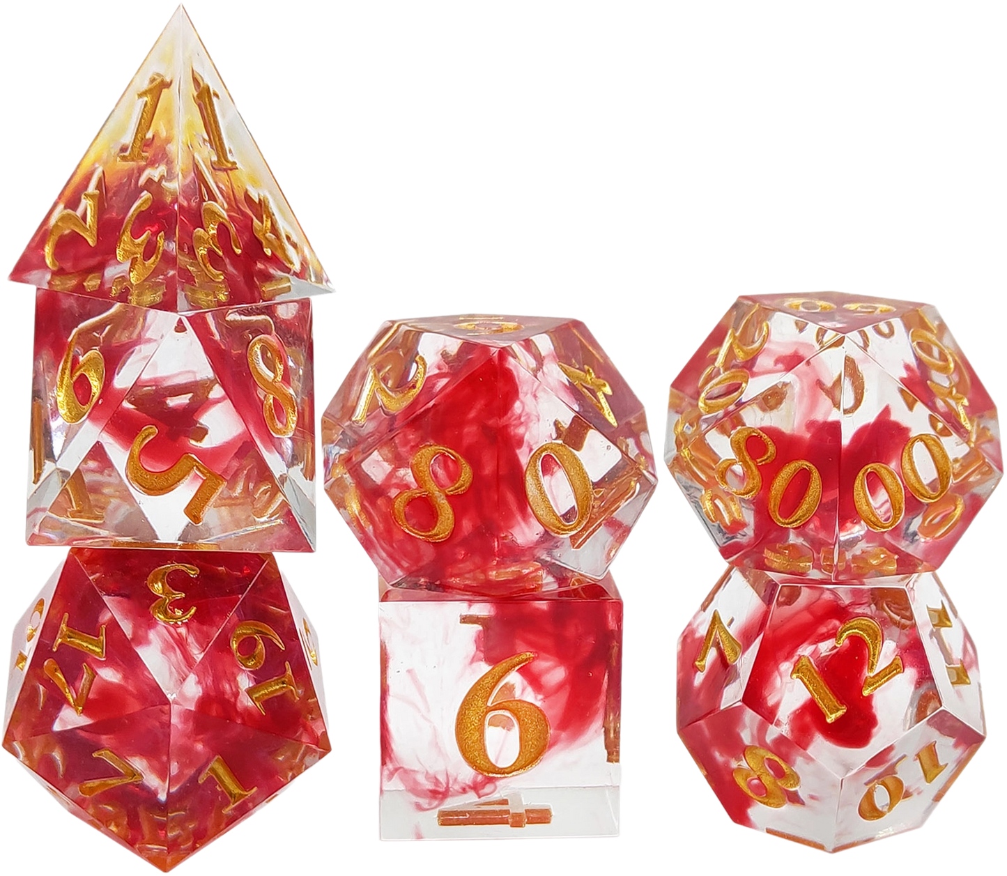 Crimson Swirl Translucence Sharp Edged Resin Dice Set - Transparent