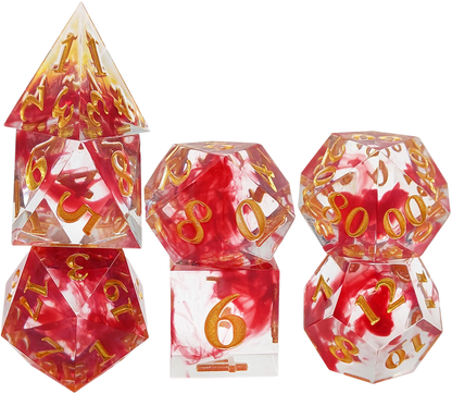 Crimson Swirl Translucence Sharp Edged Resin Dice Set - Transparent