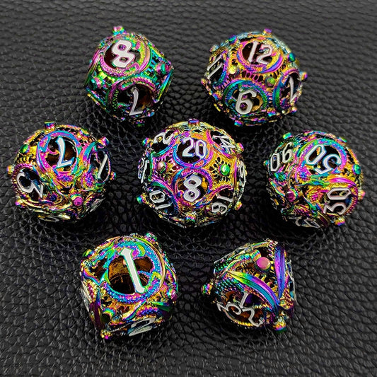 Dragonfire Alloy Enigma Rounded Edge Dragon Dice Hollow Metal DND Dice Set Smooth Edged Dice Elven Dice - Colorful