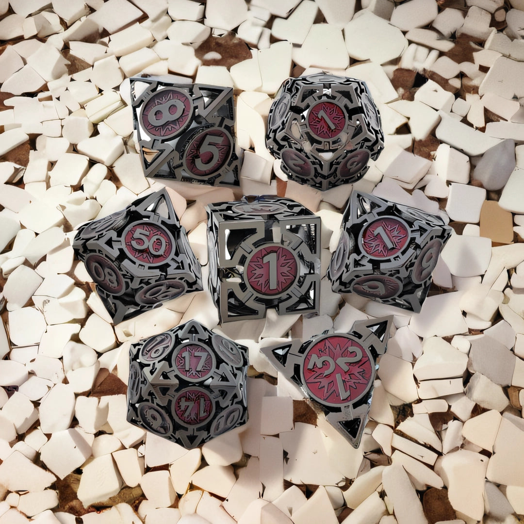 Shadow Inferno Dragon's Mark Arrow Hollow Metal DND Dice Set - Black Dark Red