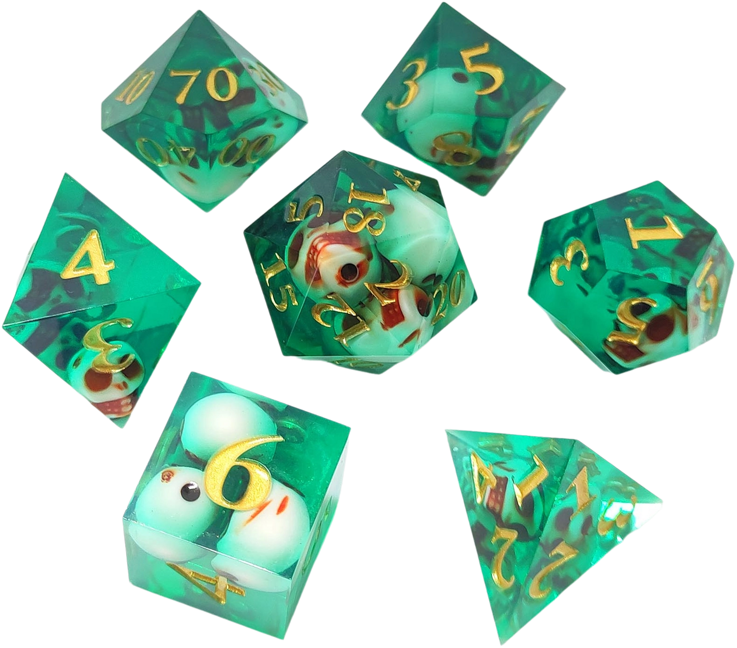 Spectral Skulls Sharp Edged Resin Dice Set - Green Transparent