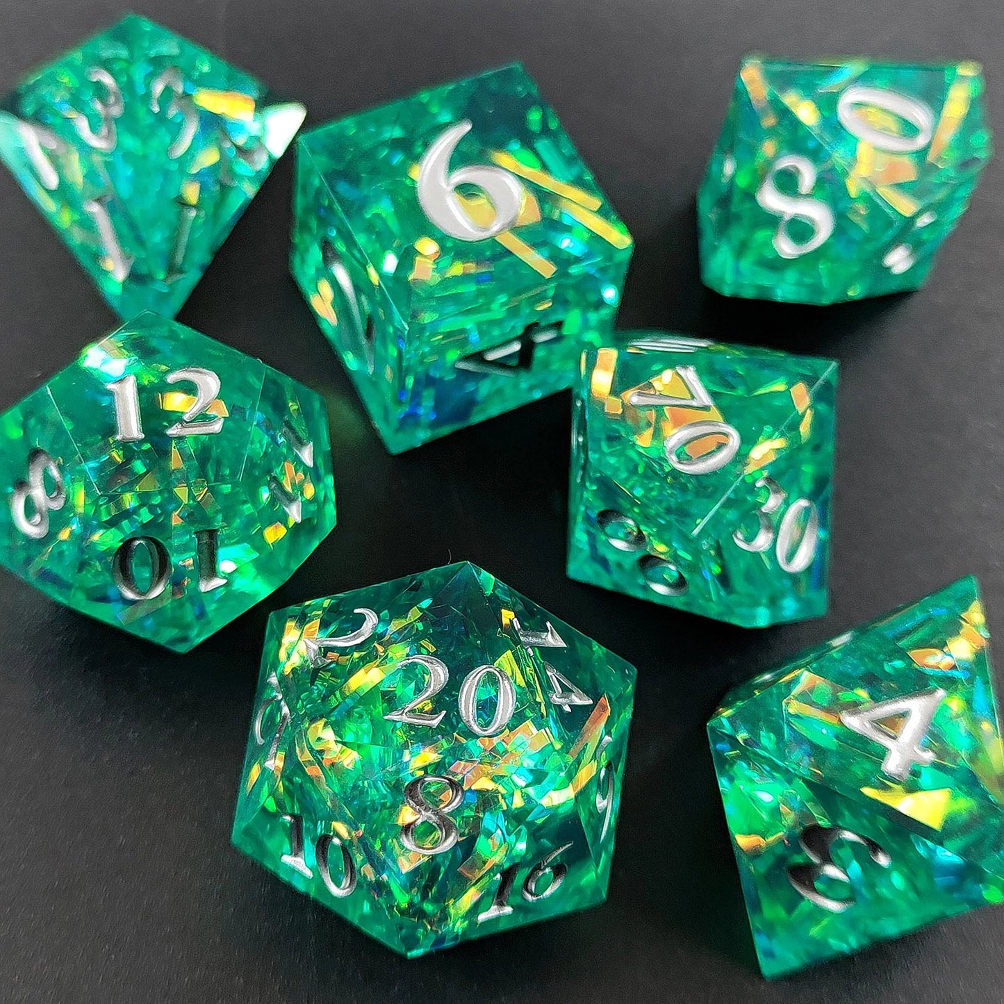 Emerald Enigma Sharp-Edged Resin Dice Set-green