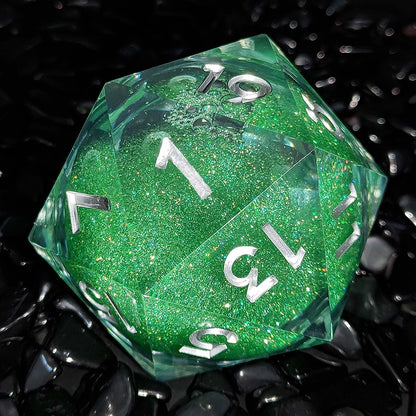 Emerald Stardust Liquid Core Sharp-Edged Resin D20 Dice - Green - 55mm