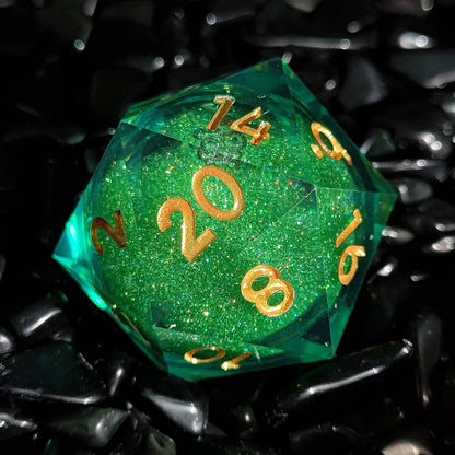 Emerald Stardust Liquid Core Sharp-Edged Resin D20 Dice - Green - 35mm