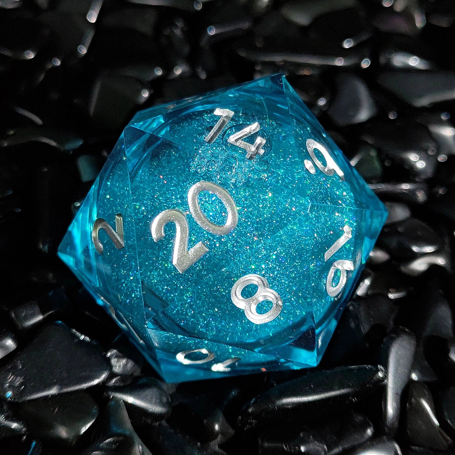 Mystic Azure Stardust Liquid Core Sharp-Edged Resin D20 Dice-35mm